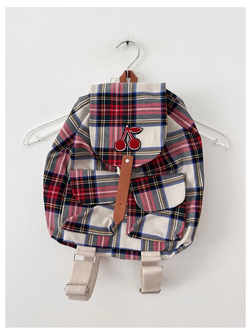 Bonpoint Girls Plaid Mini Backpack Cream Red Tartan Cherry Applique Vintage Rare